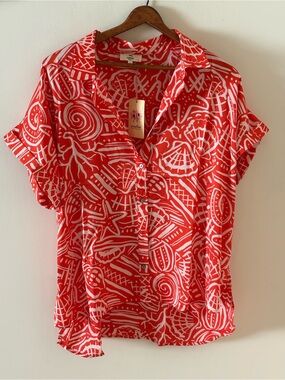 Summer Entro Coral & White Shell-Print Button Front Top New w/Tags Beautiful Lg